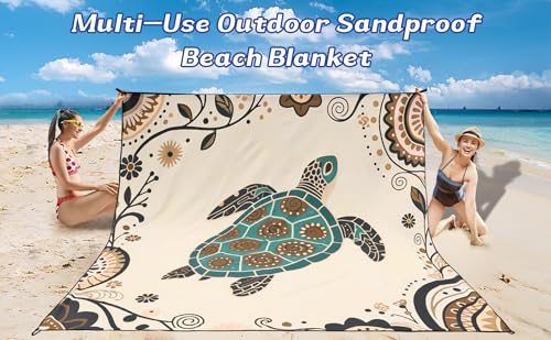Beach Blanket Mat Waterproof Sandproof for 2 (Beige Sea Turtle - Mandala / 79" X 83"（1-4person）)