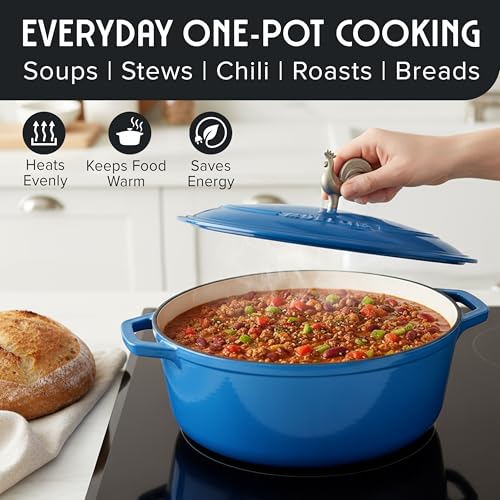 MUELLER HOME 5.5 Quart Enameled Cast Iron Oval Dutch Oven w Rooster Knob & Cotton Potholders (5.5 Quart -Oval / Aqua Blue)