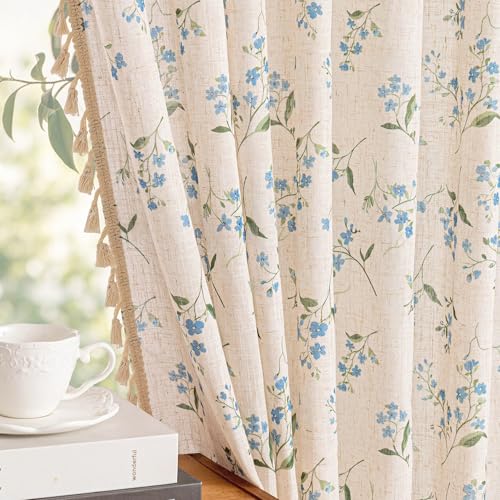 Floral Boho Linen Curtains 96 Inches Length 2 Panels Set Blue Flower Patterned Light Filtering Spring Vintage Farmhouse Window Curtains with Tassel Beige Back Tab Dining Room (Blue / 50"W x 96"L (Pack of 2))