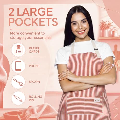 24 Pcs Aprons for Women Men with 2 Pockets Linen Cooking Kitchen Apron Adjustable Bib Chef Apron Bulk Aprons Unisex (Red / Thin Stripes)