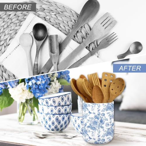 Blue Floral Ceramic Utensil Holder Chinoiserie Chopstick Crock (Blue)