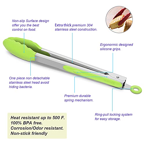 3 Pack Silicone Kitchen Tongs (Green)