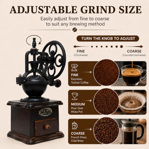 Vintage Manual Coffee Grinder with Cast Iron Ferris Wheel Hand Crank (Espresso Brown (Square Base))