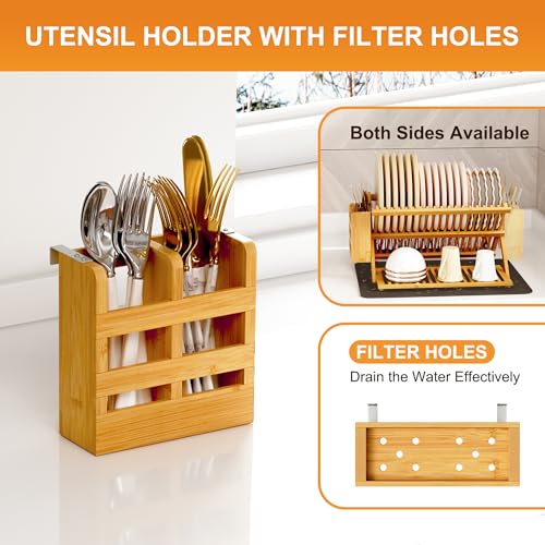 Bamboo Dish Drying Rack with Utensil Holder (Natural / 3-Tier+Dish Drying Mat)