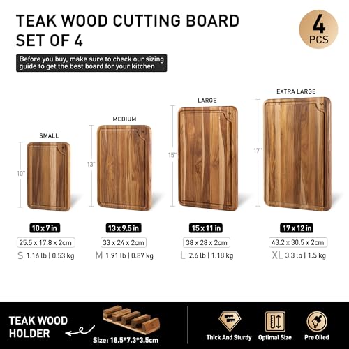 4 Pack Teak Cutting Boards for Kitchen Wood Wooden Cutting Board Non Toxic (Multi-Size Set | 4 Pack with Holder)