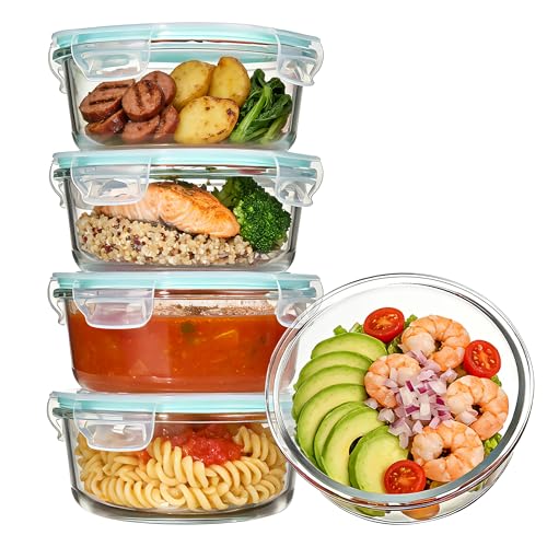 5Pack 22oz Glass Storage Containers with Lids (Green / 22oz-Round)