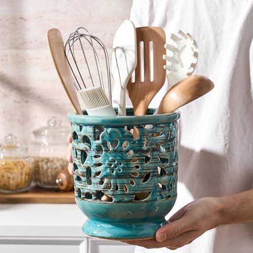 Farmhouse Kitchen Utensil Holder for Countertop (Antique Blue)