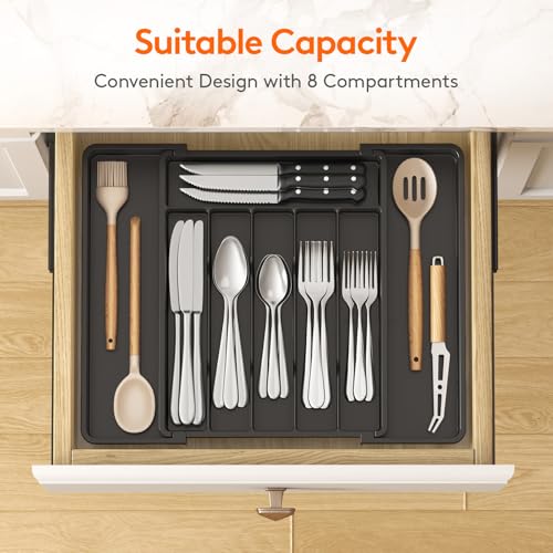 Expandable Silverware Drawer Organizer (Black / Large (11-18''W x 14''D))