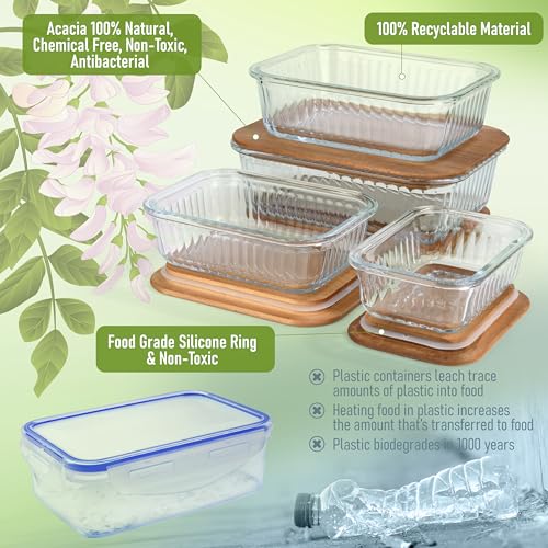 Ribbed Glass 4 Stackable Meal Prep Containers with Acacia Lids (Charcoal Brown)