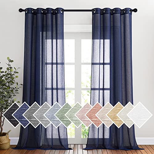Linen Textured Sheer Curtains 96" L for Living Room (52"W x 96"L (Pack of 2) / Dark Blue)