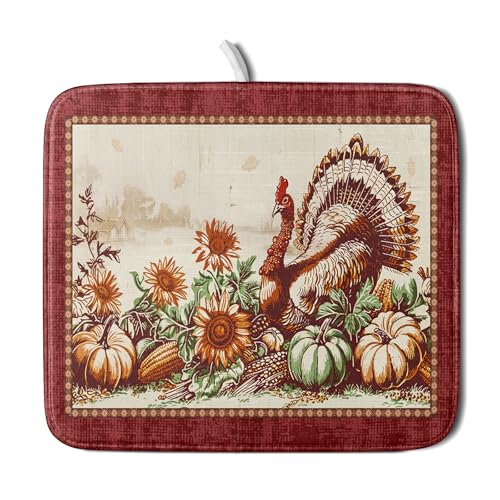Rustic Turkey Dish Drying Mat for Kitchen Countertop 16x18 inch Fall Thanksgiving Pumpkin Sunflowers Harvest Dish Drainer Mats Fast Drying Farmhouse Country Style Dish Drying Pad Holiday Decor (18" x 16")