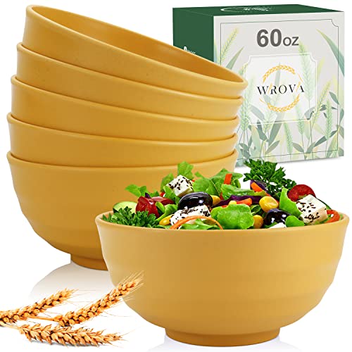 Wheat Straw Bowls Set 60 OZ Unbreakable Large Cereal Bowls Set of 6 Microwave and Dishwasher Safe Bowls Big Bowls for Apartment and Dorm BPA Free Soup Bowl for Serving Oatmeal and Salad Yellow (60 oz / Yellow)