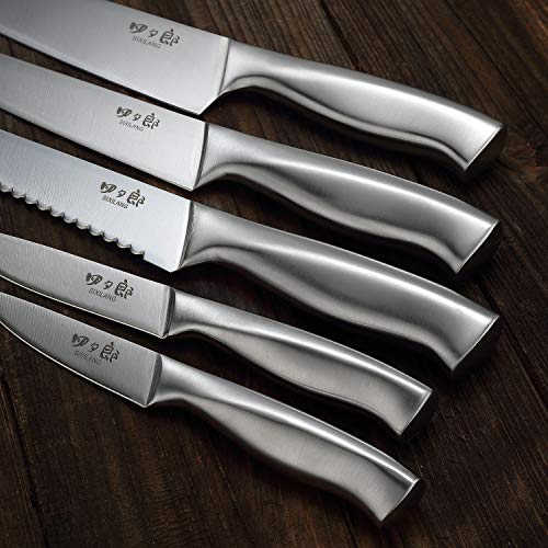 Knife Set 8 Piece German Stainless Steel Hollow Handle Manual Knife Sharpener Forged Kitchen Knives Set with Oak Wooden Block Gift