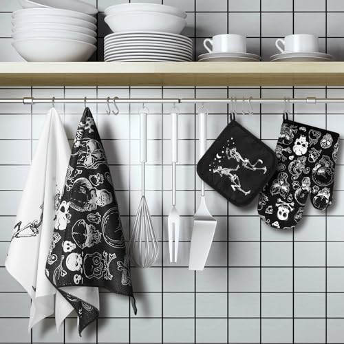 6 Pcs Skull Kitchen Decor Set Kitchen Towels Oven Mitt Pot Holder (Classic Color / Skull)