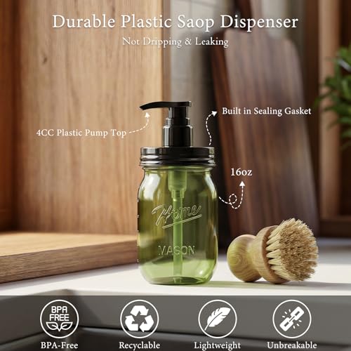 Plastic Mason Jar Soap Dispenser with Pump Lid 16OZ (Green Jar With Black Pump)