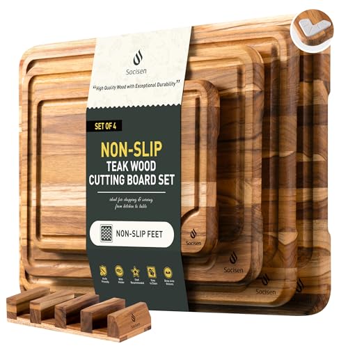 4 Pack Teak Cutting Boards for Kitchen Wood Wooden Cutting Board Non Toxic (Multi-Size Set | 4 Pack with Holder)