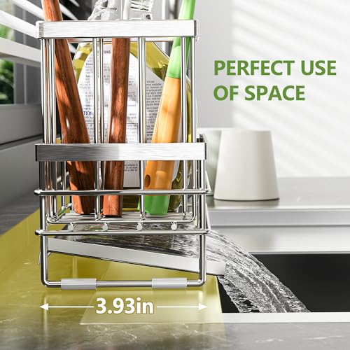 Sink Caddy Sponge Holder for Kitchen with Brush Holder and Stainless Steel Self Drain Tray (8.26'' / Silver)