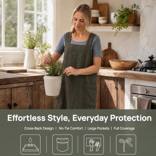 Cross Back Linen Cotton Apron with Pockets (X-Large / Green)