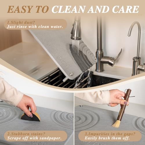 2pcs Large Stone Dish Drying Mat with Acacia Wood Holder Stand for Cutting Board and Stone Drying Mat for Kitchen Counter Quick Dry Diatomaceous Earth Mat for Kitchen Counter (Acacia Holder Moonlight Gray)