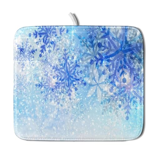 16"x18" Winter Blue Snowflakes Dish Drying Mat Christmas Snow Falling Nature Ice Dish Drainer Mats for Kitchen Microfiber Reversible Dish Drying Rack Pad for Countertop Tabletop Decor (18" x 16")