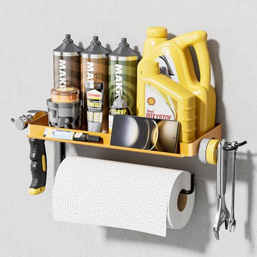 Garage Paper Towel Holder with Shelf & 2 Hooks Wall Mount (Yellow / 12.8-inch)