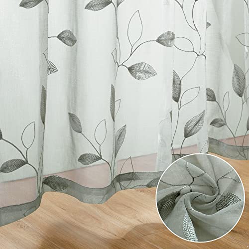 Sage Green Sheer Curtains Leaf Embroidered (52"W x 96"L (Pack of 2) / 1-sage Green)