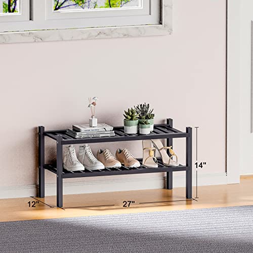 2 Tier (Thick) Bamboo Shoe Rack for Closet Free Standing Wood Shoe Shelf for Entryway Small Space Stackable 27"x12"x14" (Black) (Black / 2 Tier(Thick))