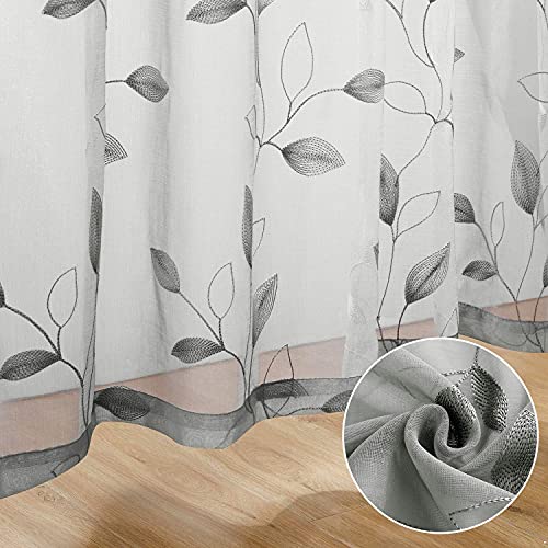 Light Grey Sheer Curtains Leaf Embroidered (52"W x 63"L (Pack of 2) / 3-grey)