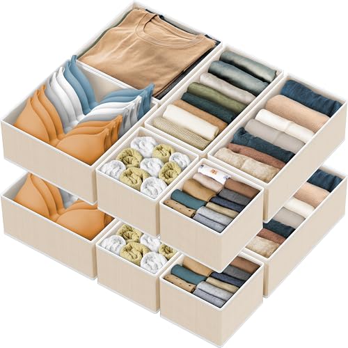 Foldable Drawer Organizer Stocking Bin (Set of 12 - 4L / 4M / 4S / Beige)
