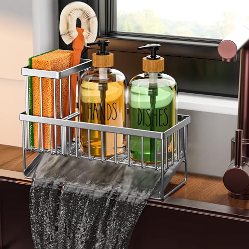 Kitchen Dish Soap Dispenser Set with 2 Pack 16.9oz Amber Glass Bottle and Sponge Holder (Nickel Brushed Sink Caddy + Clear Bottle)