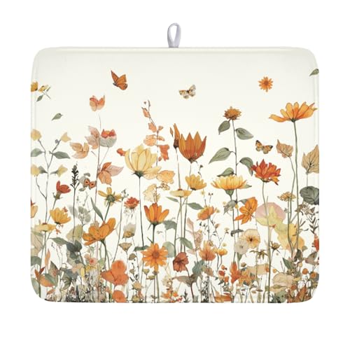 Fall Floral Dish Drying Mat for Kitchen Counter Orange Rustic Vintage Wildflower Pattern Microfiber Dish Drainer Mat Autumn Absorbent Washable Drying Pad Extra Large 16"x18" (Fall Floral / 18" x 16")