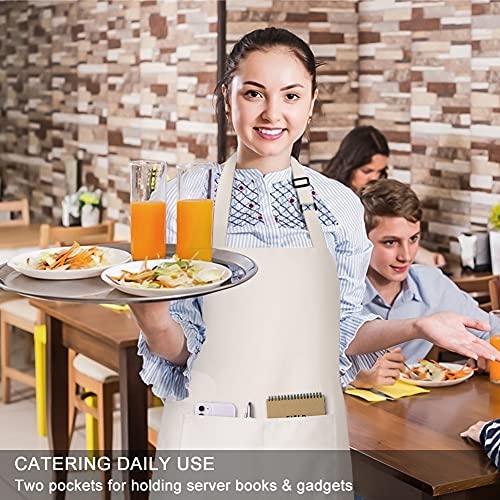 2 Pack 100% Cotton Aprons with 2 Pockets Cooking Chef Kitchen Adjustable Bib Apron for Women Men (Beige)