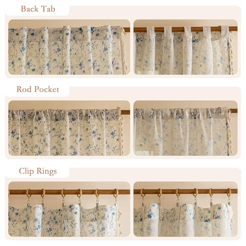 Blue Floral Semi Sheer Boho Linen Curtains 63 Inch Length 2 Panels for Living Room Bedroom Light Filtering Spring Vintage Farmhouse French Tassels Back Tab Drapes (Blue and Green / 50"W x 63"L (Pack of 2))