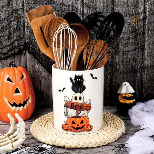 Halloween Utensil Holder Ghost Pumpkin Black Cat Ceramic Kitchen Crock Kitchen Decor for Trick or Treat Cooking Tools Organizer Storage Container Spoon Forks Countertop Supplies (Halloween)
