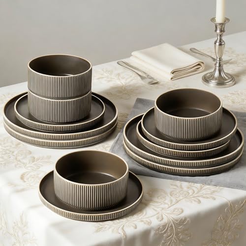 Stoneware Dinnerware Sets for 4 (Matte Green / 4-Set(12pcs))