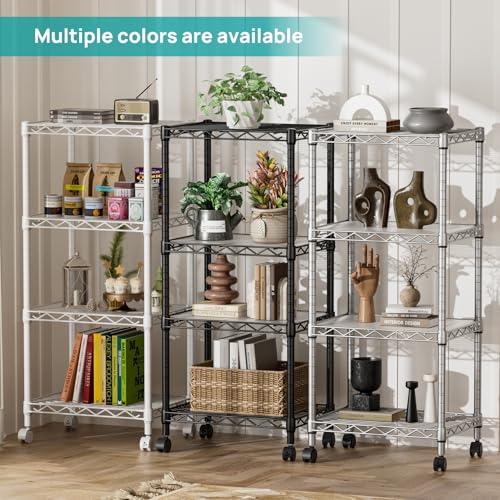 4 Small Shelves Storage Shelf Wire Shelving Unit Metal Shelf Adjustable Organizers Storage Shelving with Wheels for Bathroom Laundry Room Kitchen Pantry11.5”D x 17.3”W x 44.5”H Black (Black / 4 Tier 11.6"Dx17.6"Wx44.5"H)