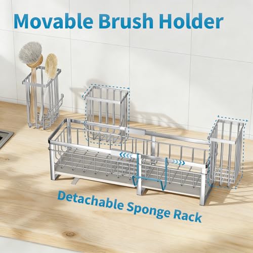 Extra Large Extendable Sponge Holder for Kitchen Sink Caddy Organizer (Stainless Steel)