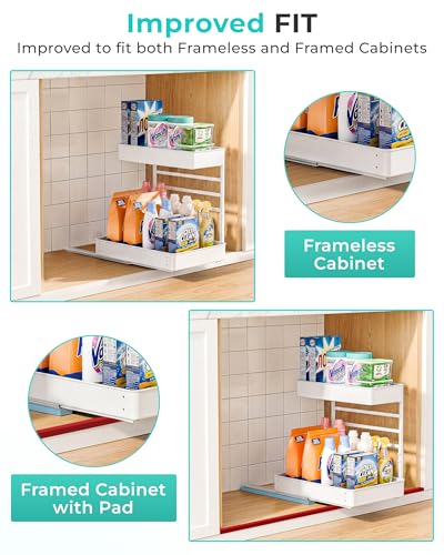 Height Adjustable 2 Tier Metal Pull Out Slide Shelf Organizer for Framed or Frameless Under Sink Cabinets in Kitchen (2 Sets / White)