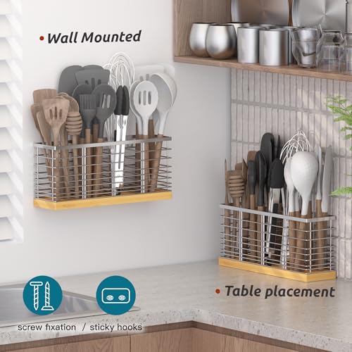 Extra Large Kitchen Utensil Holder Countertop with Removable Divider (Silvery)