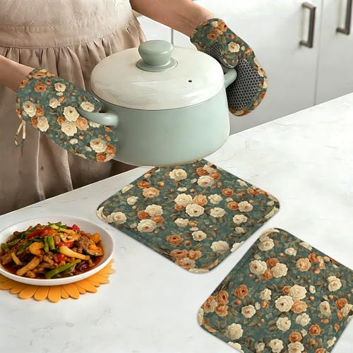 Vintage Rose Flower Oven Mitts and Pot Holders Set of 4 (Vintage Rose Flower)