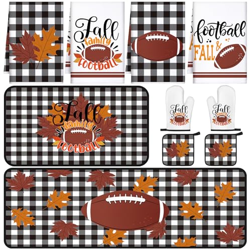 10 Pcs Fall Football Kitchen Decor Rugby Kitchen Accessory Set (Black and White Plaid / Fall Football)