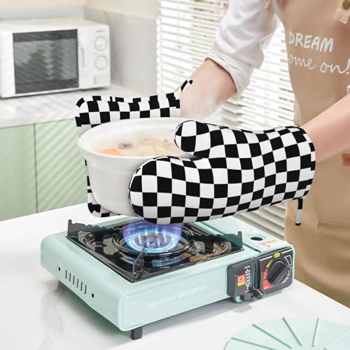 Black White Checkered Oven Mitts and Pot Holders Sets of 4 (Black White Checkered)