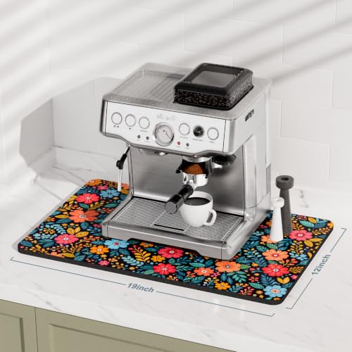 Coffee Mat 12" x 19" Coffee Bar Mats for Espresso Machine Station Accessories and Organizer (Boho Colorful Garden / 12" x 19")
