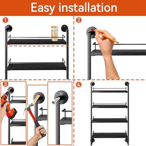 4 Tier Spice Rack Wall Mount for Kitchen (4 Tier / Black)