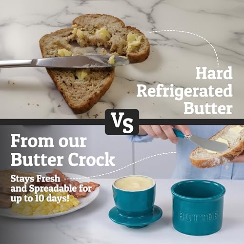 Butter Crock with Lid for Countertop with Spreader Knife and Water Line (Teal Blue / Regular)