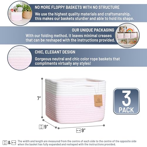 Storage Cubes 9”x9”x7”Cotton Rope Woven Baskets for Organizing 3 (Off White & Mixed Pink)