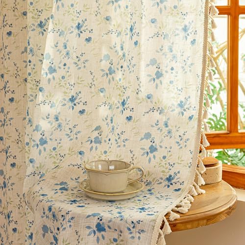Floral Boho Linen Curtains 96 Inches Length 2 Panels Set Blue Flower Patterned Semi Sheer Spring Vintage Farmhouse Window Curtains with Tassel Beige Back Tab Dining Room (Blue and Green / 50"W x 96"L (Pack of 2))