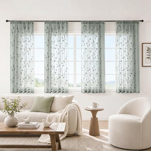Sage Green Kitchen Curtains Leaf Embroidered (52"W x 45"L (Pack of 2) / 1-sage Green)