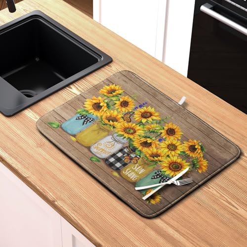 Sunflower Dish Drying Mat for Kitchen 18x24 Inch Counter Rustic Vintage Floral Vases Wood Grain Drying Mats Microfiber Absorbent Dishes Drying Pad Spring Summer Flowers Dish Drainer Rack Mat (Sunflower Vases / 18" x 24")