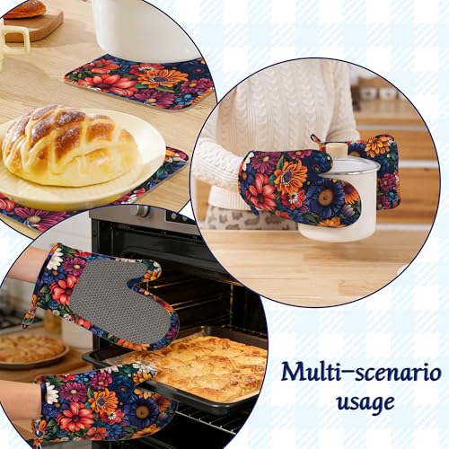 Colourful Flowers Potholders & Oven Mitts Sets Spring Floral Silicone Heat Resistant Oven Mits and Hot Pads Non (Colourful Flowers,spring Floral)